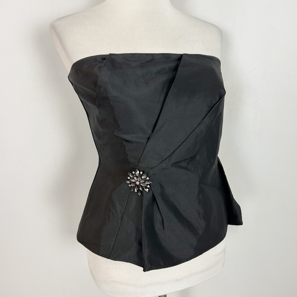 White House Black Market Black Strapless Brooch Corset Top Size 6 Draped Pleated